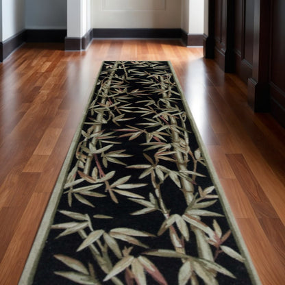8' X 11' Black Green And Brown Wool Tropical Botanical Hand Tufted Area Rug