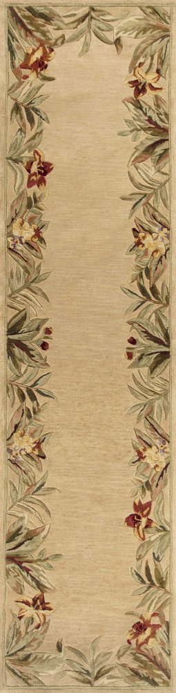 5' X 8' Beige Red And Green Wool Tropical Floral Hand Tufted Area Rug