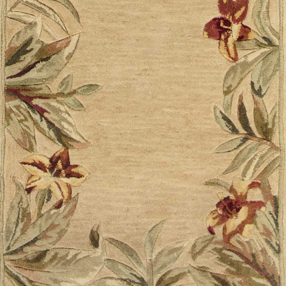 5' X 8' Beige Red And Green Wool Tropical Floral Hand Tufted Area Rug