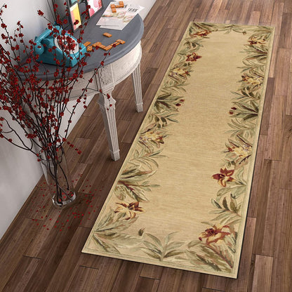 5' X 8' Beige Red And Green Wool Tropical Floral Hand Tufted Area Rug