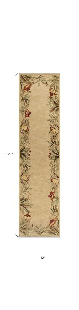 5' X 8' Beige Red And Green Wool Tropical Floral Hand Tufted Area Rug