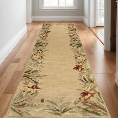 5' X 8' Beige Red And Green Wool Tropical Floral Hand Tufted Area Rug