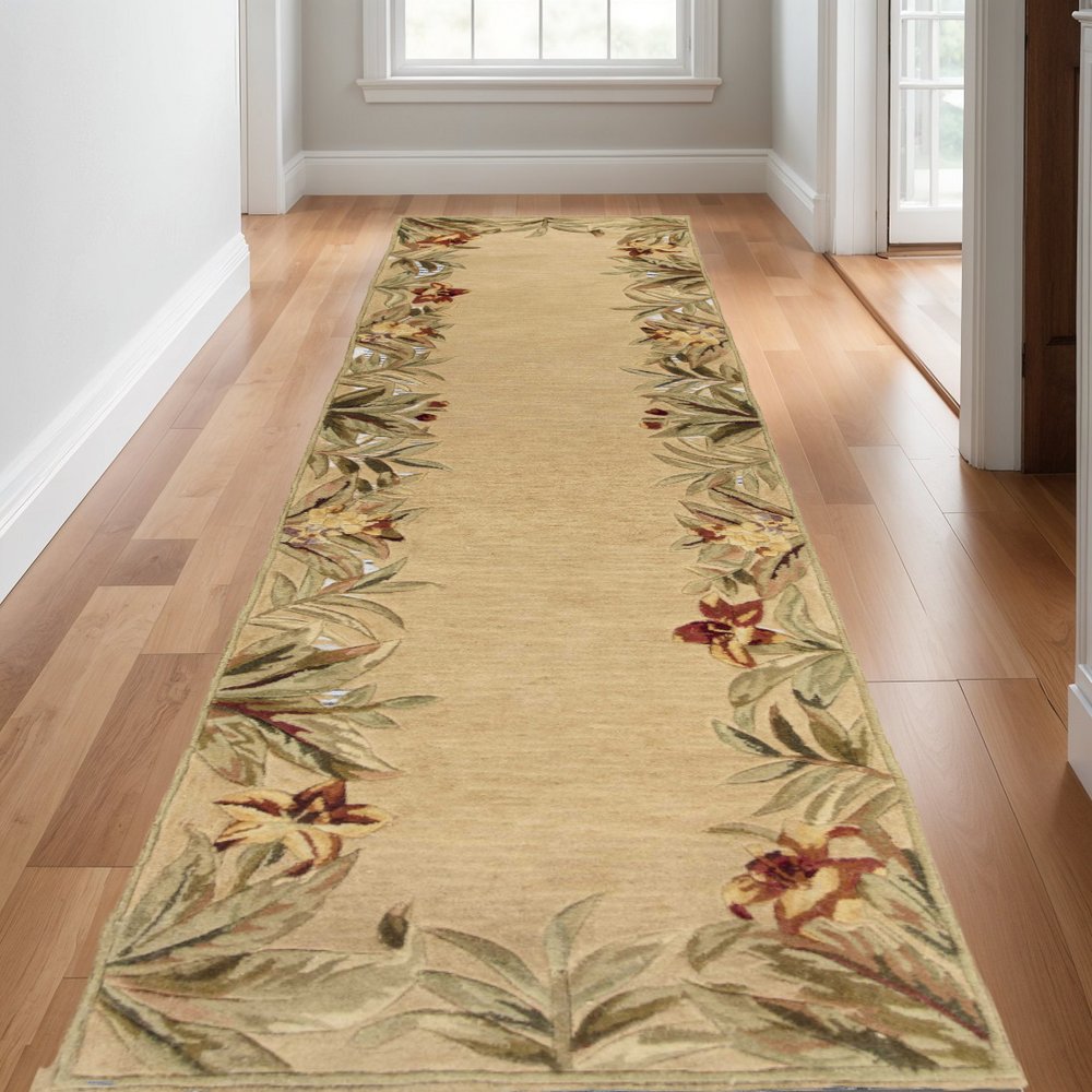 5' X 8' Beige Red And Green Wool Tropical Floral Hand Tufted Area Rug