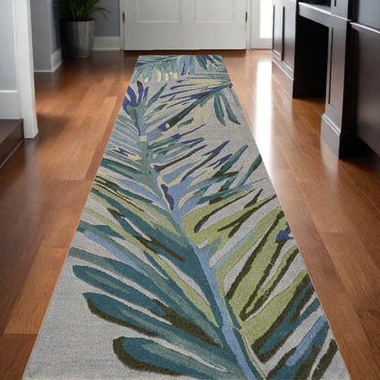 9' X 12' Gray And Blue Wool Tropical Botanical Hand Tufted Area Rug