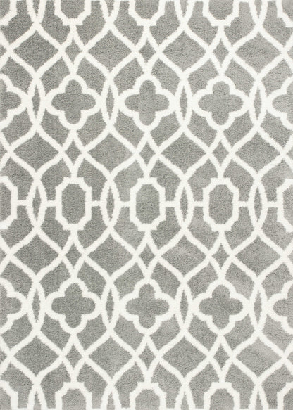 8' X 11' Grey Ivory Machine Woven Ogee Indoor Shag Area Rug