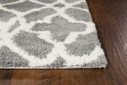 8' X 11' Grey Ivory Machine Woven Ogee Indoor Shag Area Rug