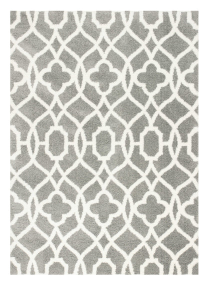 8' X 11' Grey Ivory Machine Woven Ogee Indoor Shag Area Rug