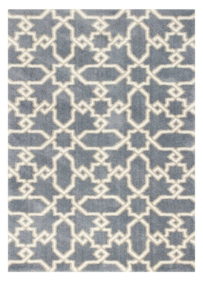 5' X 8' Slate Blue And Ivory Geometric Area Rug