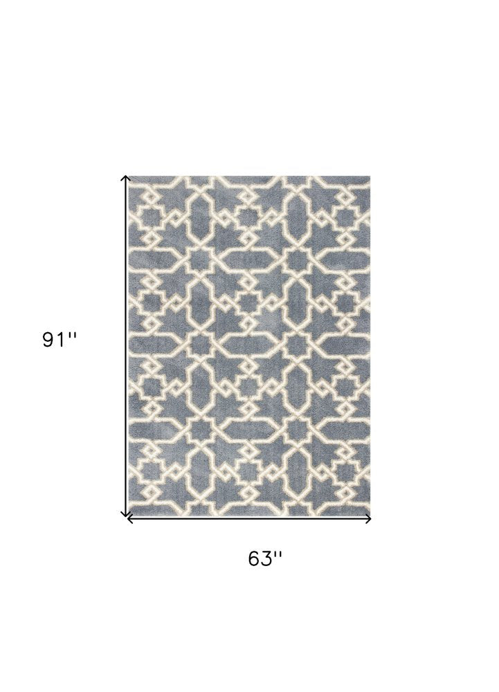 7' X 10' Slate Blue And Ivory Geometric Area Rug