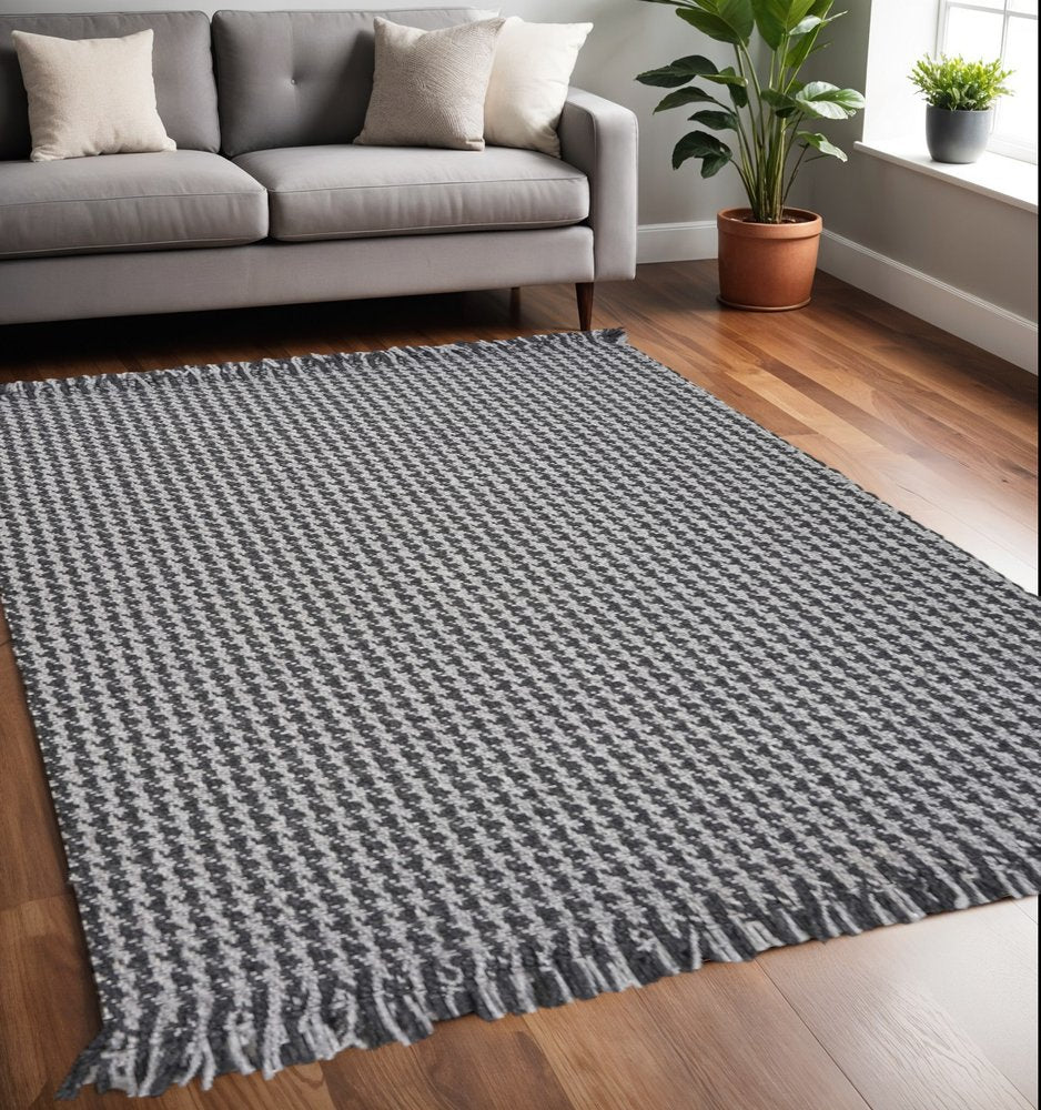 9' X 12' Gray And Light Gray Wool Houndstooth Hand Woven Area Rug With Fringe