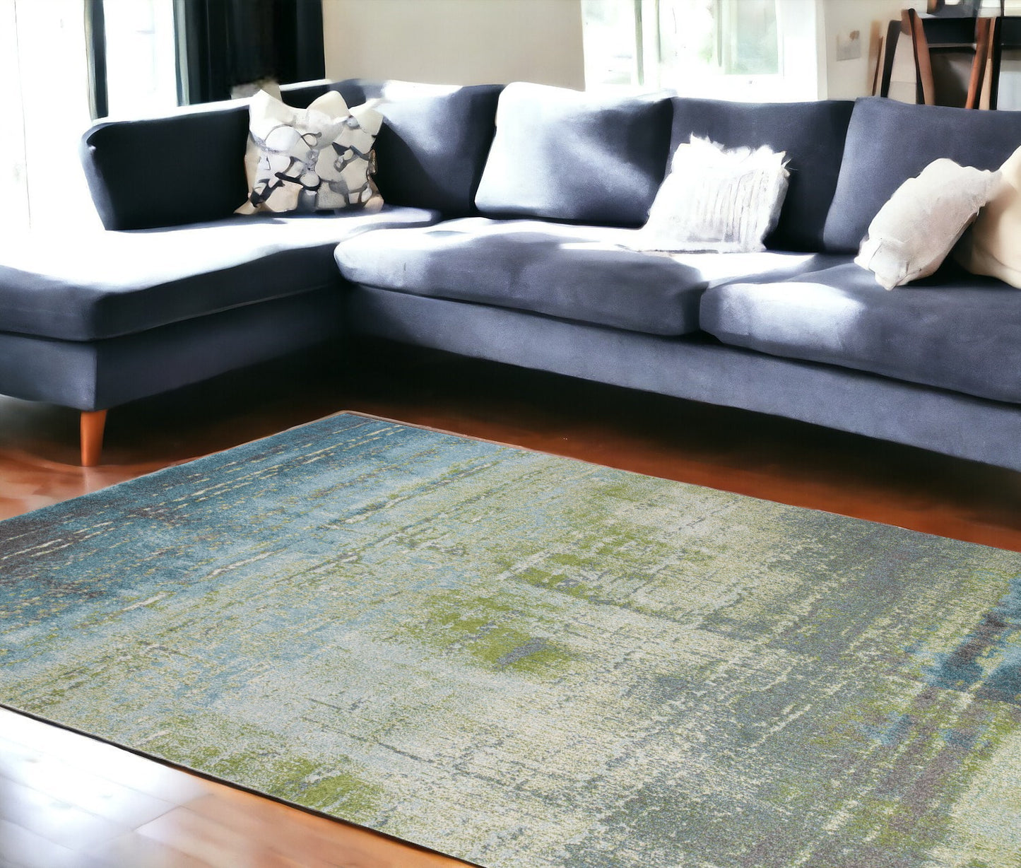 7' X 10' Blue Green Machine Woven Abstract Brushstroke Indoor Area Rug