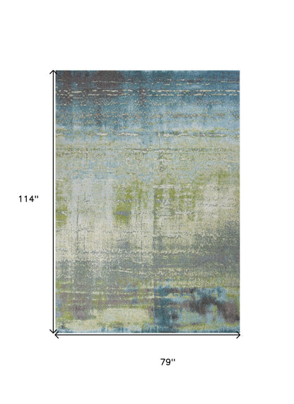 7' X 10' Blue Green Machine Woven Abstract Brushstroke Indoor Area Rug