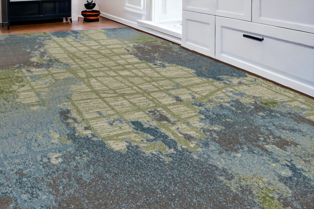 8' X 11' Green Blue Machine Woven Abstract Indoor Area Rug