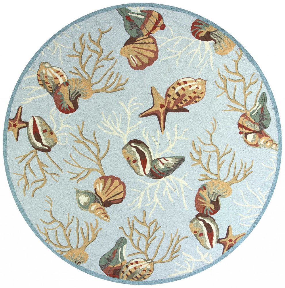 7' Blue Beige And Green Seashell and Coral Hand Hooked Round Rug