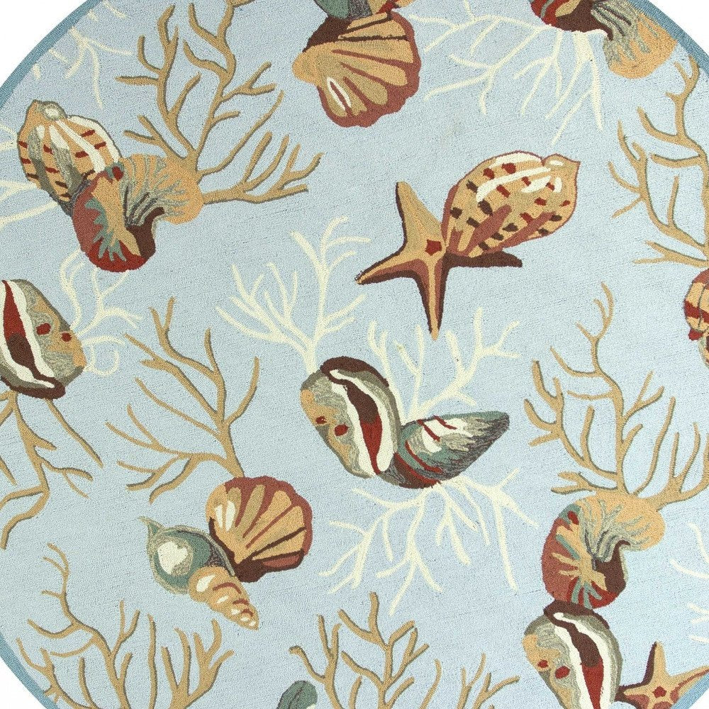 7' Blue Beige And Green Seashell and Coral Hand Hooked Round Rug