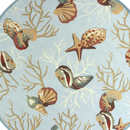 7' Blue Beige And Green Seashell and Coral Hand Hooked Round Rug