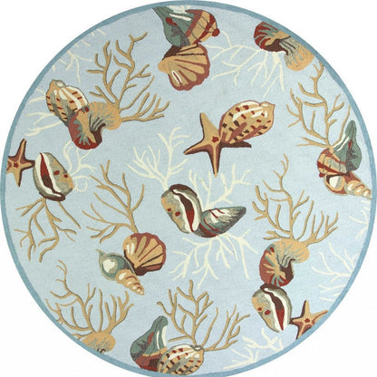 7' Blue Beige And Green Seashell and Coral Hand Hooked Round Rug