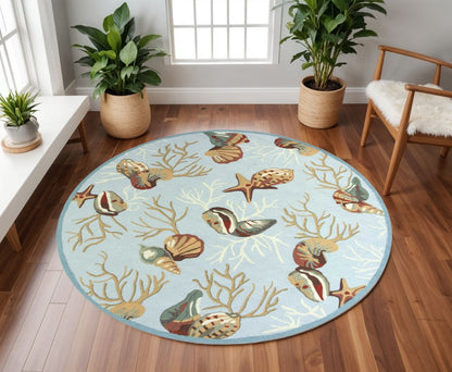 7' Blue Beige And Green Seashell and Coral Hand Hooked Round Rug