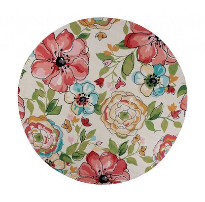 8' X 8' Sand Blue And Red Floral Hand Hooked Round Rug
