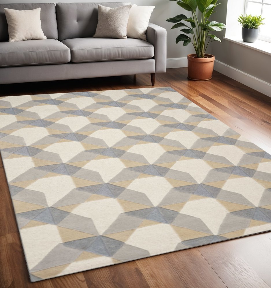3' X 5' Ivory Gray And Cream Wool Geometric Area Rug