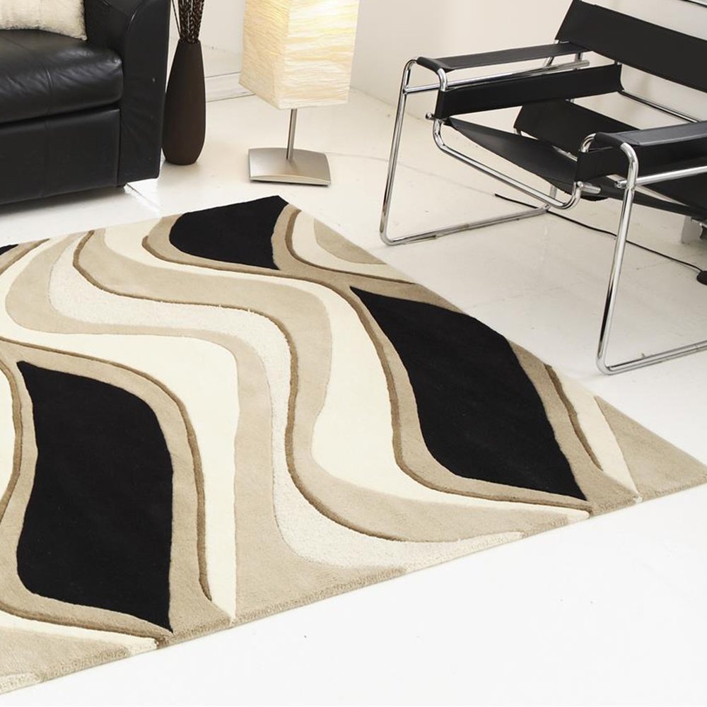 5' X 8' Beige Ivory And Black Wool Abstract Hand Tufted Area Rug
