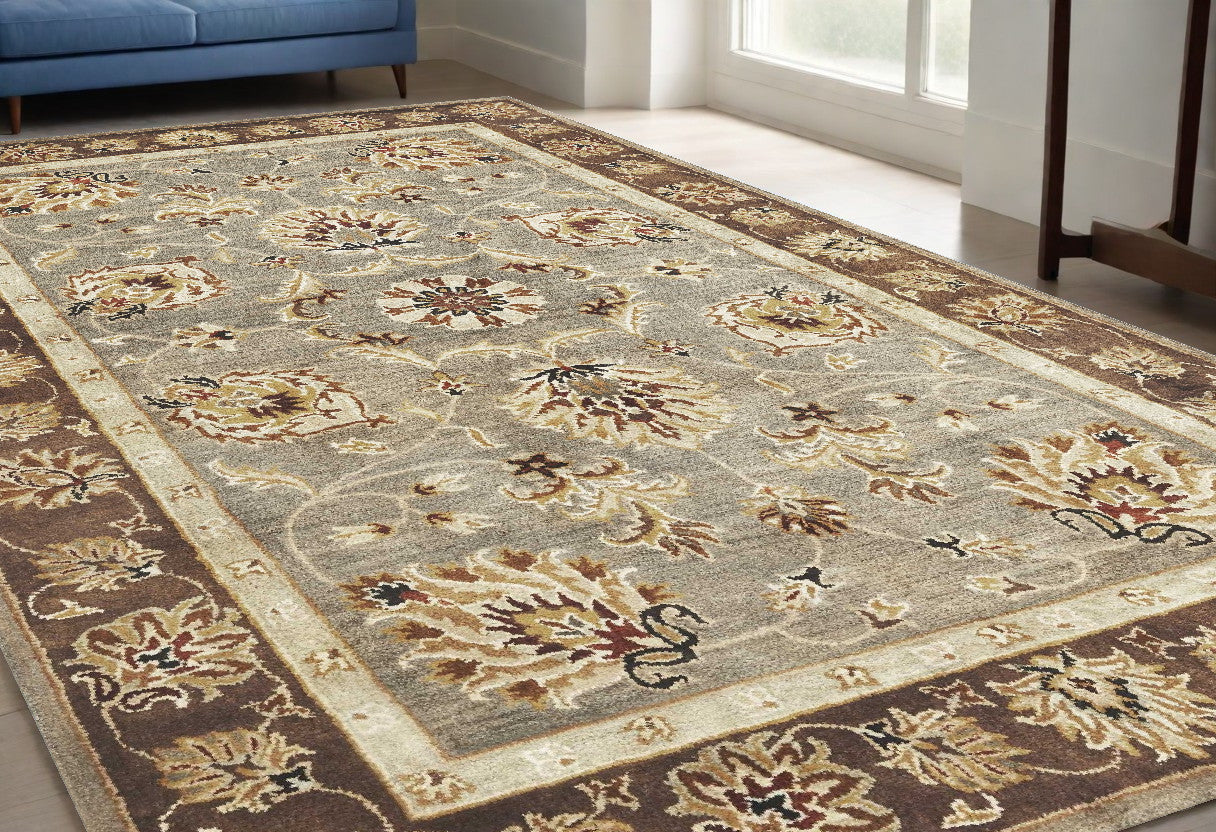 8' X 11' Grey Mocha Hand Tufted Traditional Floral Indoor Area Rug