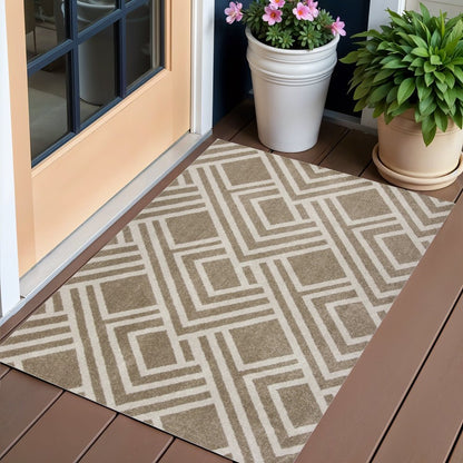 7' X 10' Beige and Ivory Geometric Indoor Outdoor Area Rug