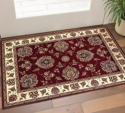 7' Red And Ivory Floral Medallion Octagon Rug