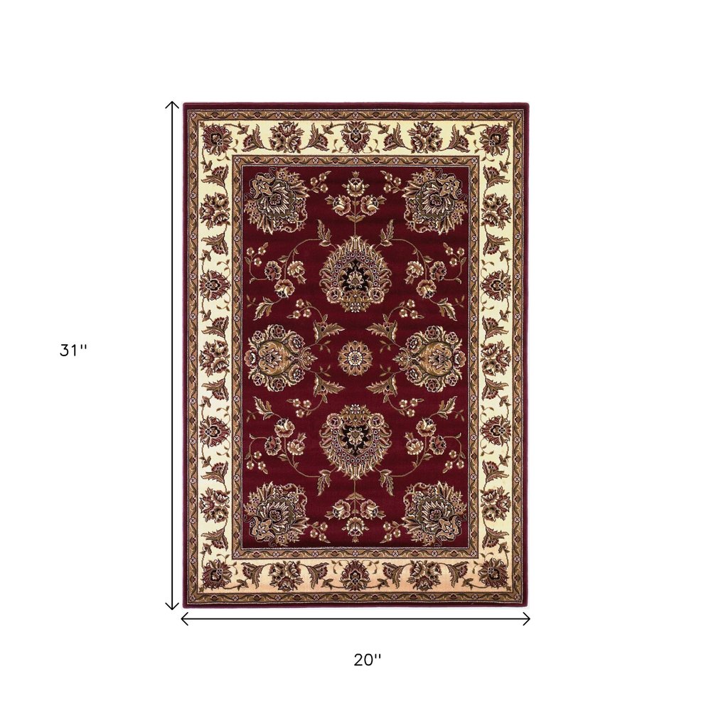 7' Red And Ivory Floral Medallion Octagon Rug