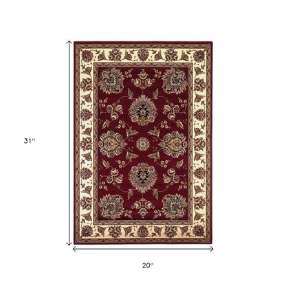 7' Red And Ivory Floral Medallion Octagon Rug