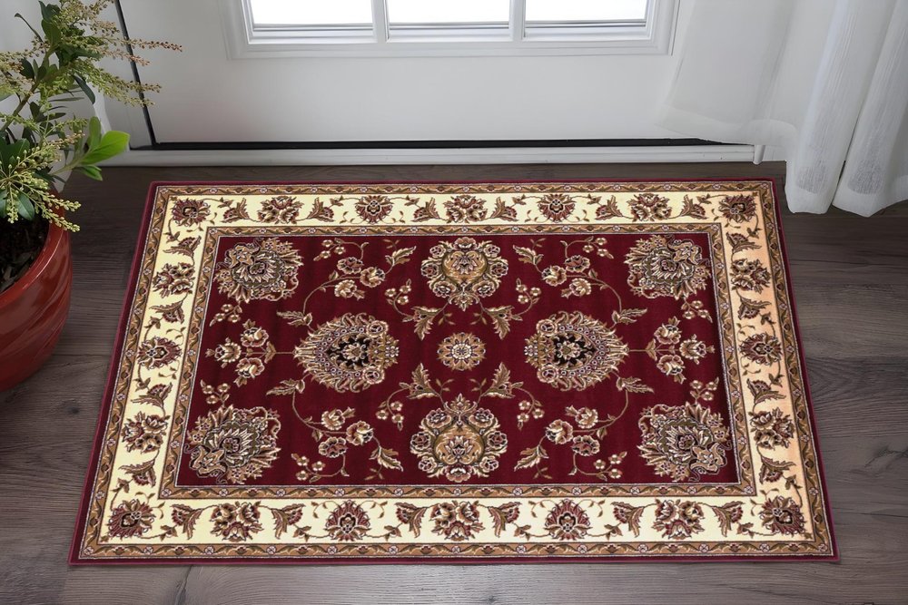 7' Red And Ivory Floral Medallion Octagon Rug