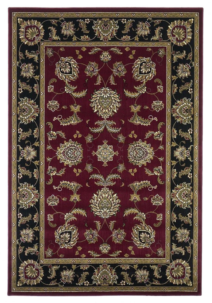 7' Red Black And Gold Floral Medallion Octagon Rug