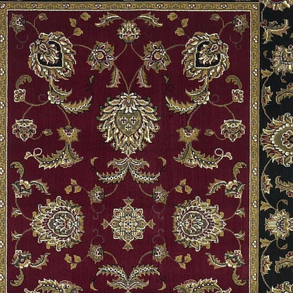 7' Red Black And Gold Floral Medallion Octagon Rug