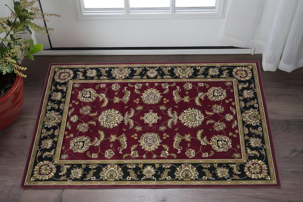 7' Red Black And Gold Floral Medallion Octagon Rug