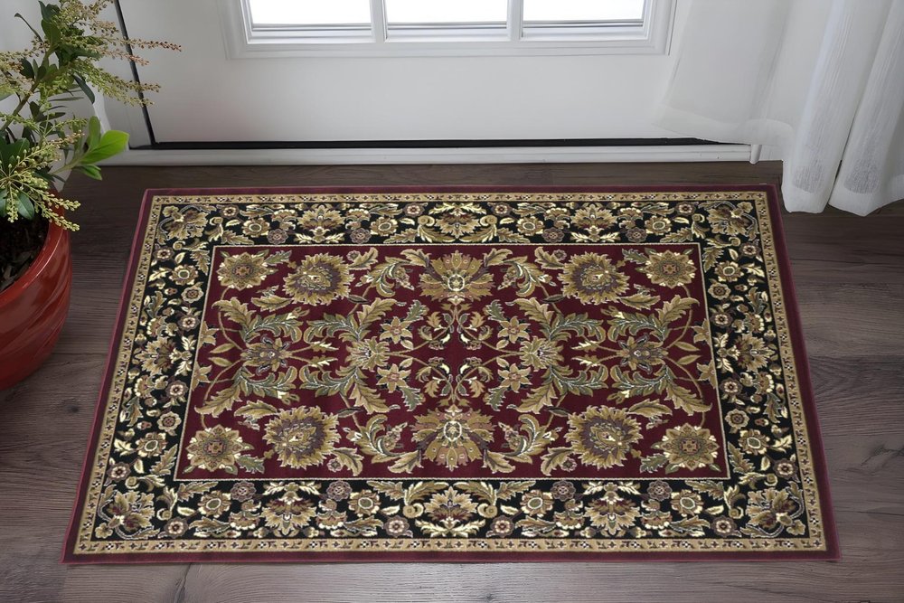 5' X 8' Red And Black Floral Medallion Area Rug