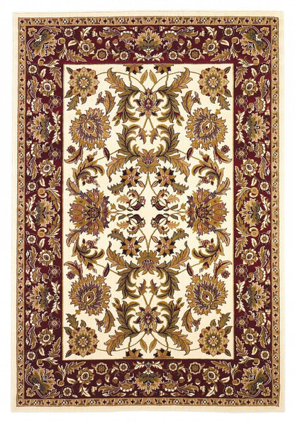 7' Ivory Red And Orange Floral Medallion Octagon Rug