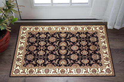 5' X 8' Black Ivory And Brown Floral Medallion Area Rug