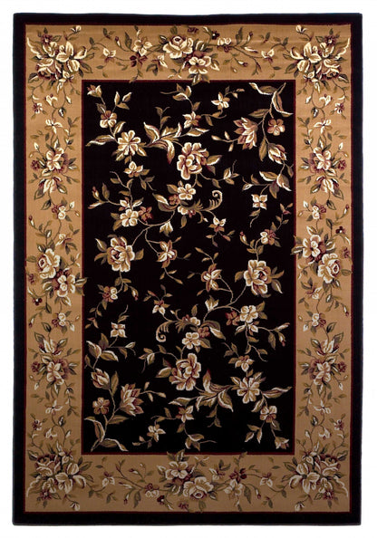 7' Tan Black And Beige Floral Vines Octagon Rug