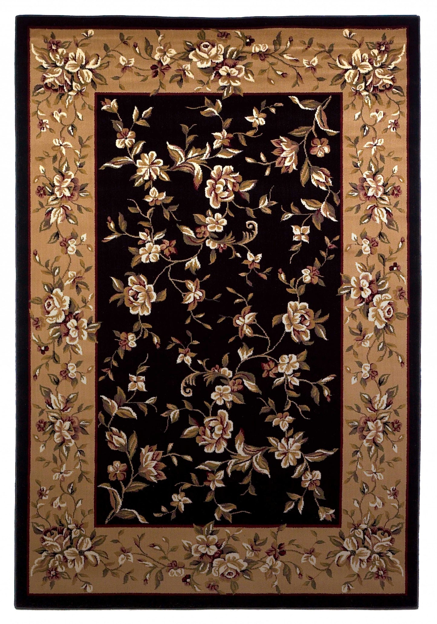 7' Tan Black And Beige Floral Vines Octagon Rug