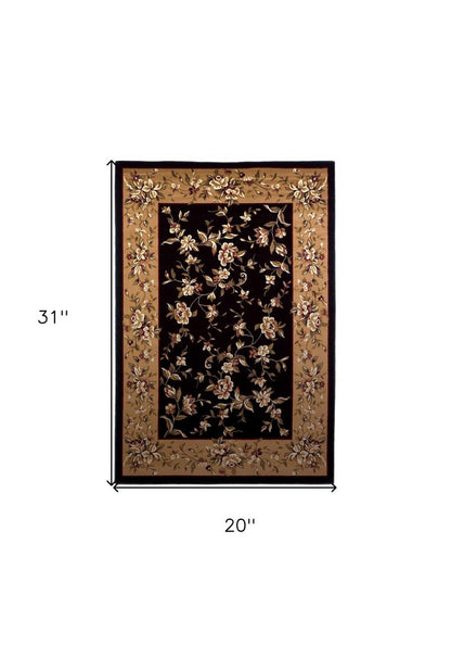 7' Tan Black And Beige Floral Vines Octagon Rug