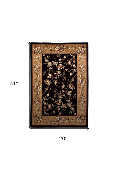 7' Tan Black And Beige Floral Vines Octagon Rug