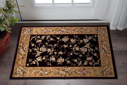 7' Tan Black And Beige Floral Vines Octagon Rug