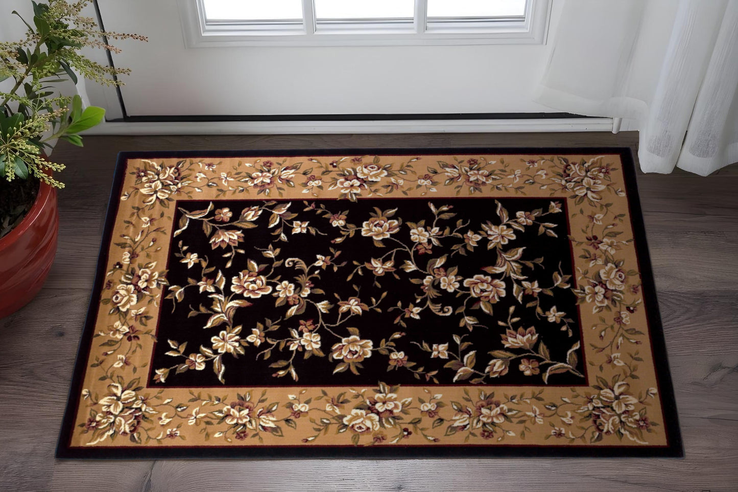 7' Tan Black And Beige Floral Vines Octagon Rug