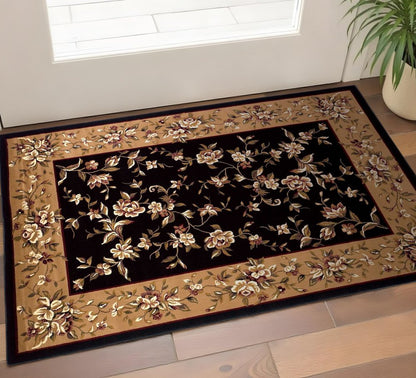 7' Tan Black And Beige Floral Vines Octagon Rug