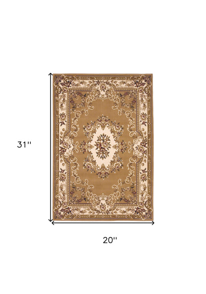 8' X 11' Beige Ivory Machine Woven Hand Carved Floral Medallion Indoor Area Rug