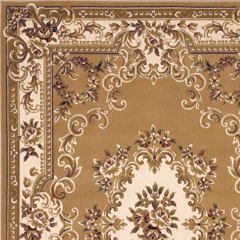 8' X 11' Beige Ivory Machine Woven Hand Carved Floral Medallion Indoor Area Rug