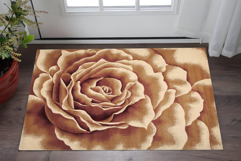 2' X 3' Ivory Brown And Red Floral Area Rug