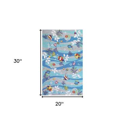 8' X 10' Blue Hand Hooked Marine Life Indoor Area Rug