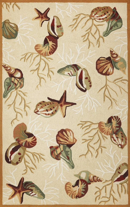 7' X 9' Beige Green And Brown Seashell and Coral Hand Tufted Area Rug