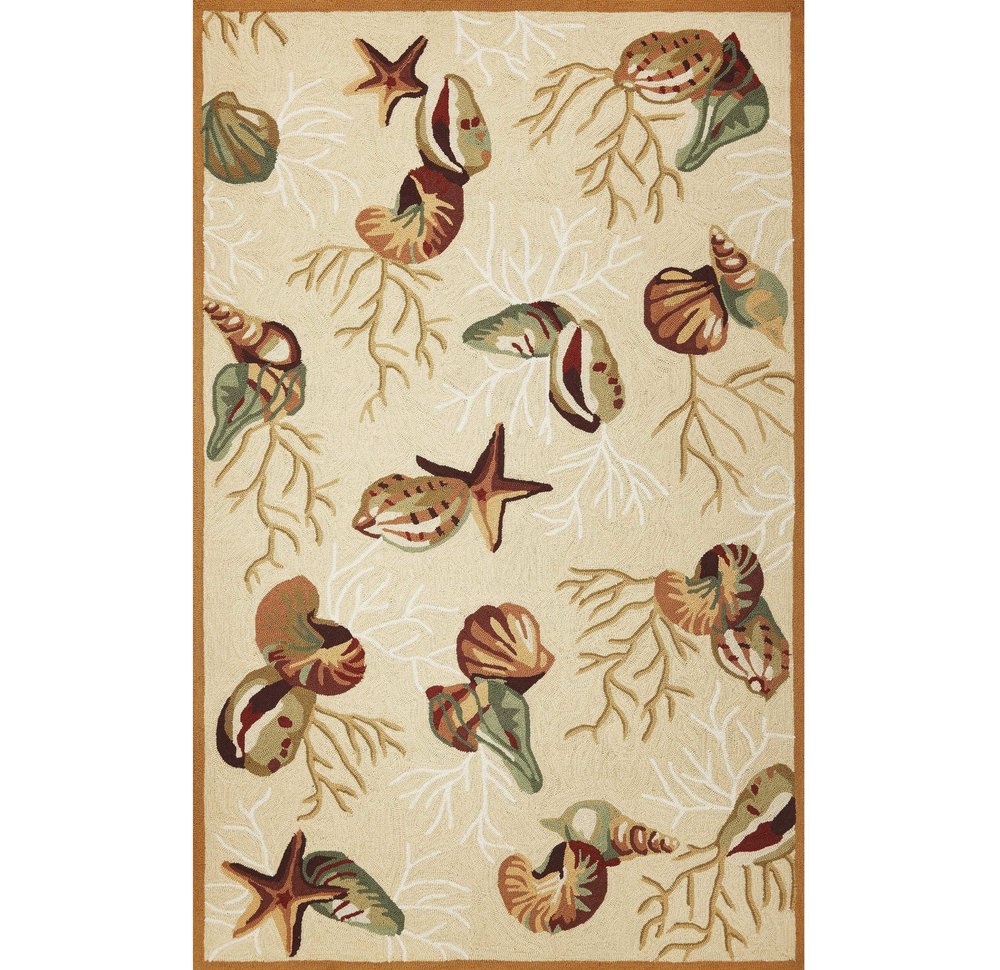 7' X 9' Beige Green And Brown Seashell and Coral Hand Tufted Area Rug
